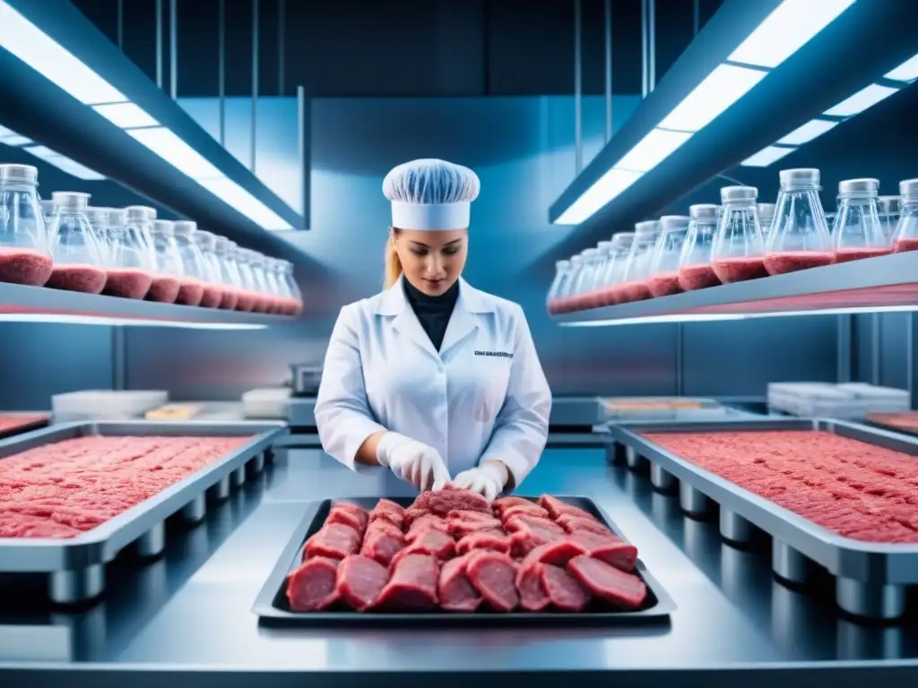 Escena futurista de laboratorio con tecnología avanzada para la producción de carne cultivada en laboratorio vegana