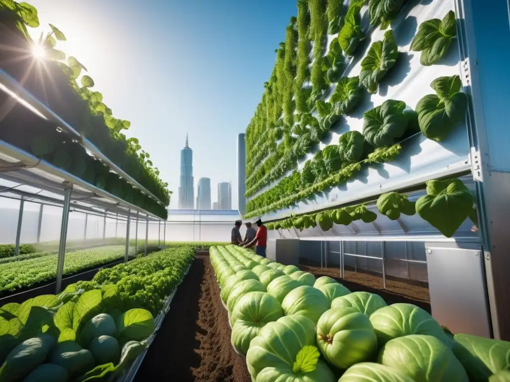 Una escena futurista y sostenible donde un grupo diverso cultiva frutas y verduras en una granja urbana avanzada