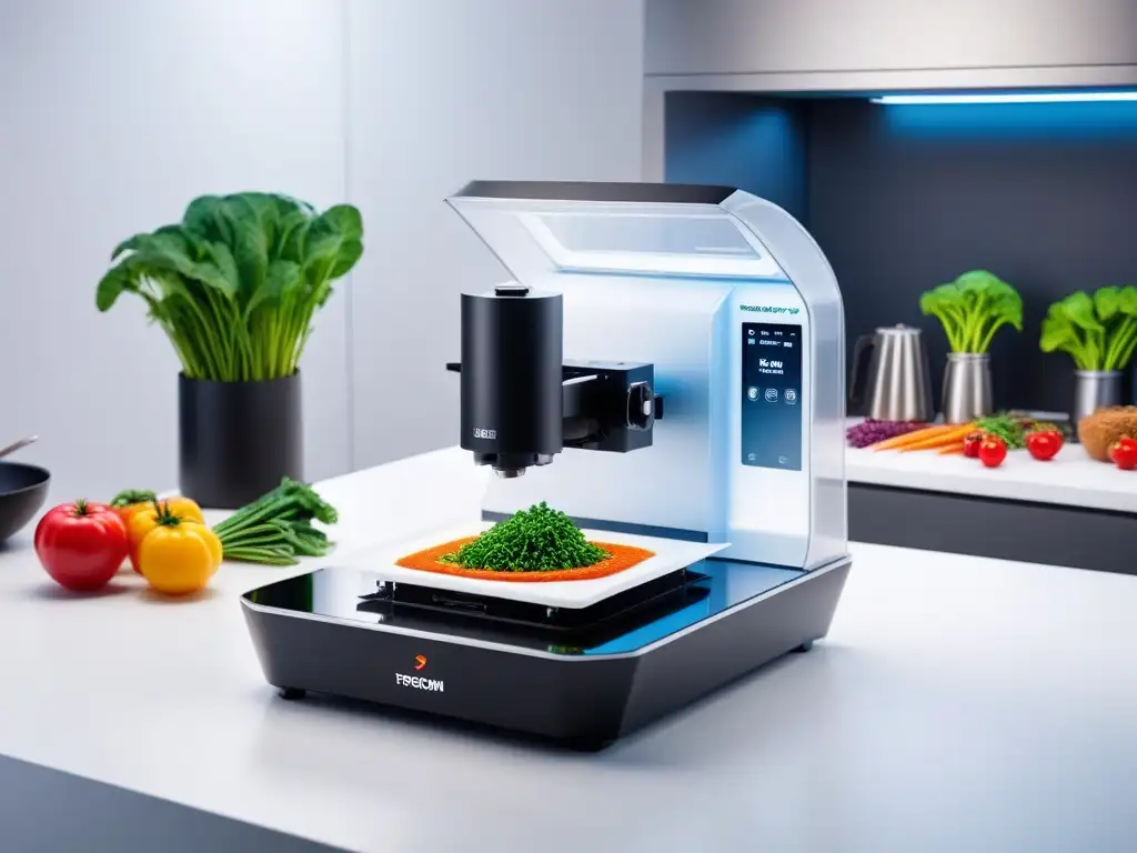 Escena futurista: impresión 3D de gastronomía vegana en acción en cocina minimalista y tecnológica