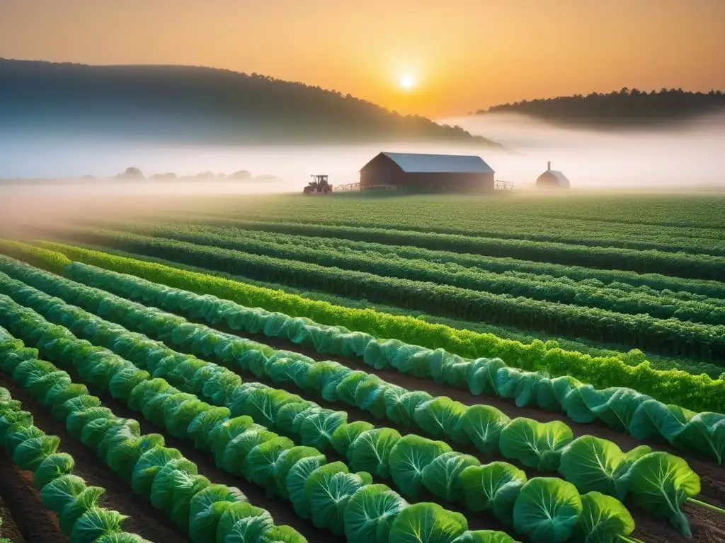 Escena idílica de granja vegana con hortalizas coloridas, animales felices y granja moderna al atardecer