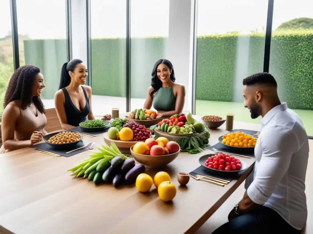 Una escena inspiradora de personas diversas disfrutando de una comida vegana en una cocina luminosa y moderna