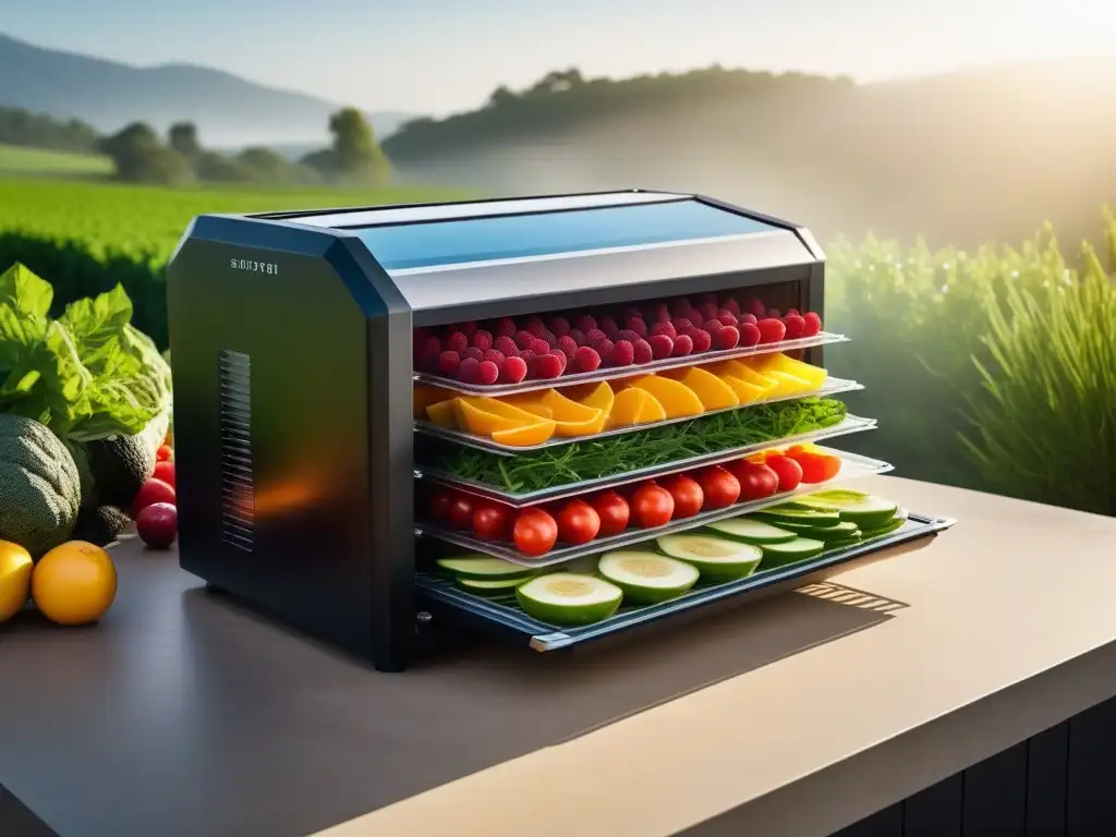 Una escena luminosa de secado solar en la cocina vegana, realzando sabores y colores naturales de frutas, verduras y hierbas