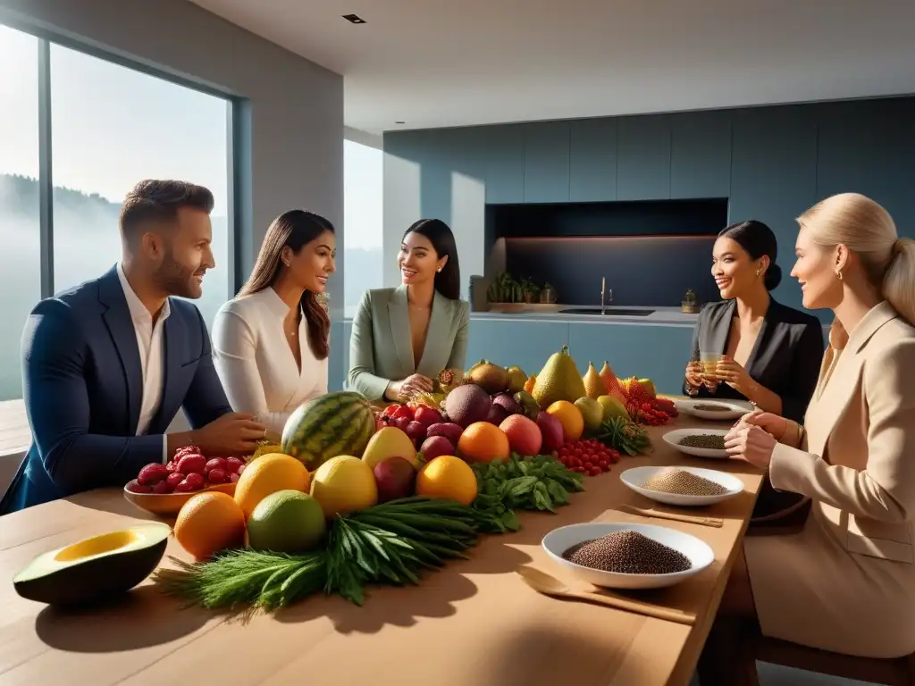 Una escena mágica en cocina vegana: personas diversas rodean mesa con ingredientes coloridos en moderna cocina