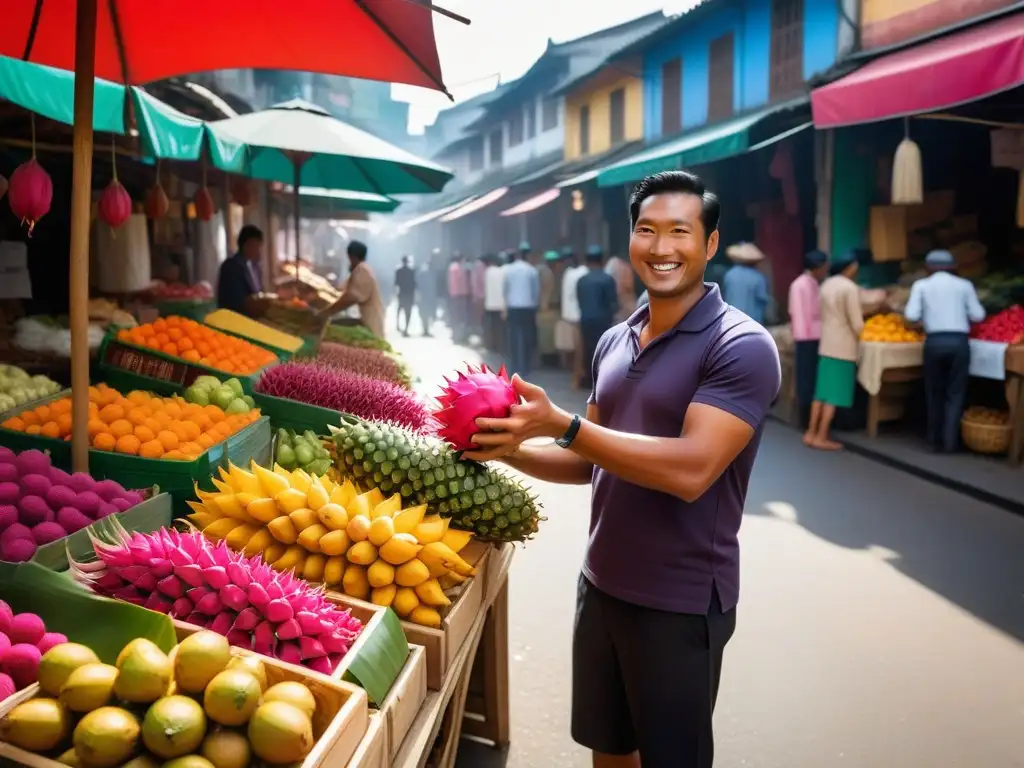 Escena de mercado vibrante en Asia con recursos exóticos para cocina vegana: vendedor entrega pitahaya