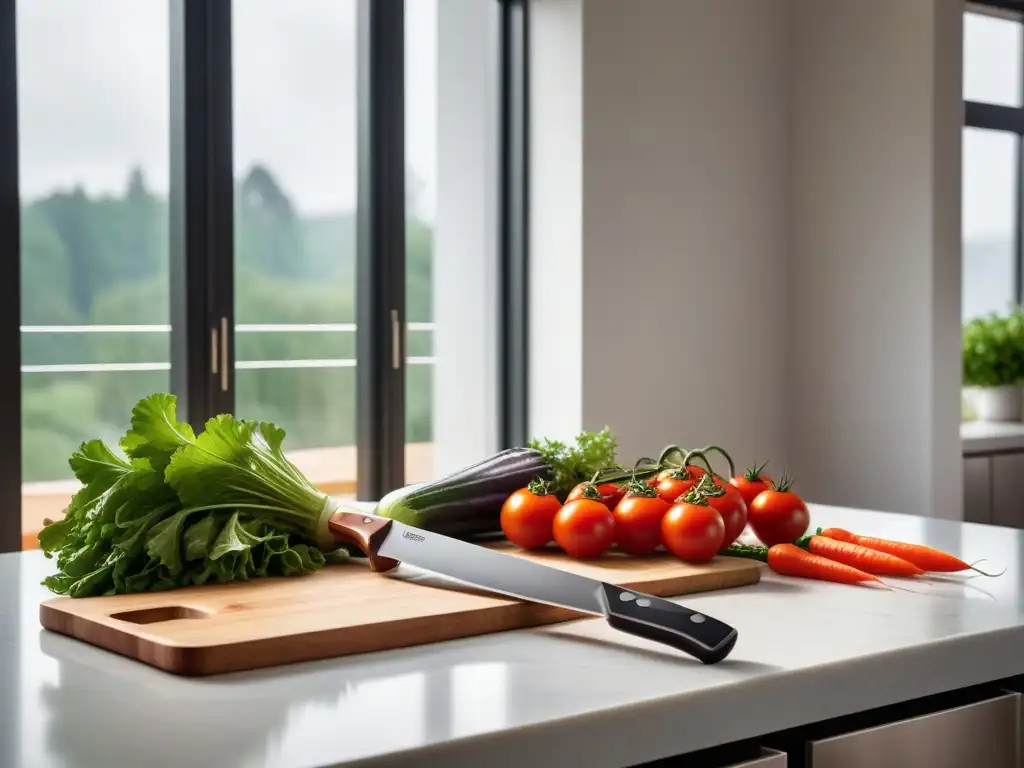 Escena minimalista en la cocina vegana con verduras frescas y tablero de madera