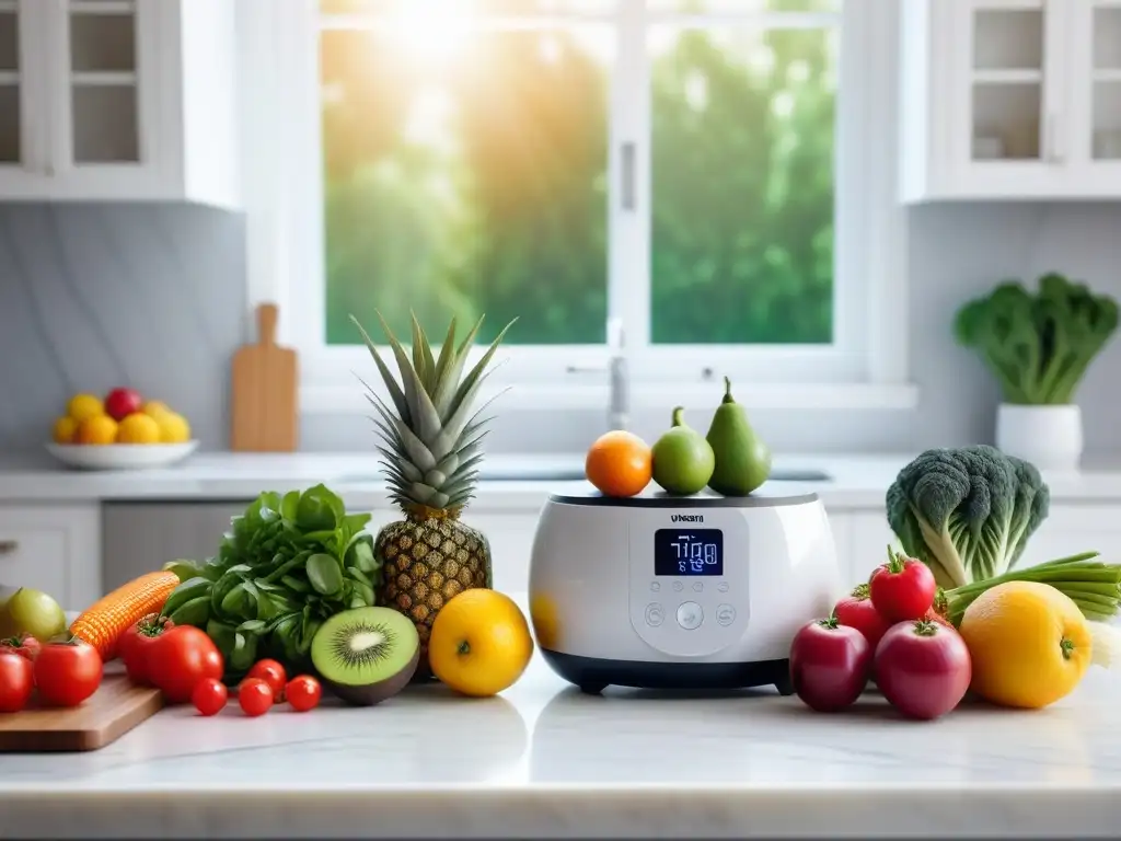 Escena moderna en cocina con frutas y verduras frescas, recetas veganas en tablet y altavoz inteligente