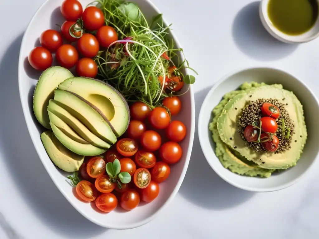 Escena moderna de cocina con plato vegano de aguacate: tostada, guacamole y sushi, elegante y delicioso