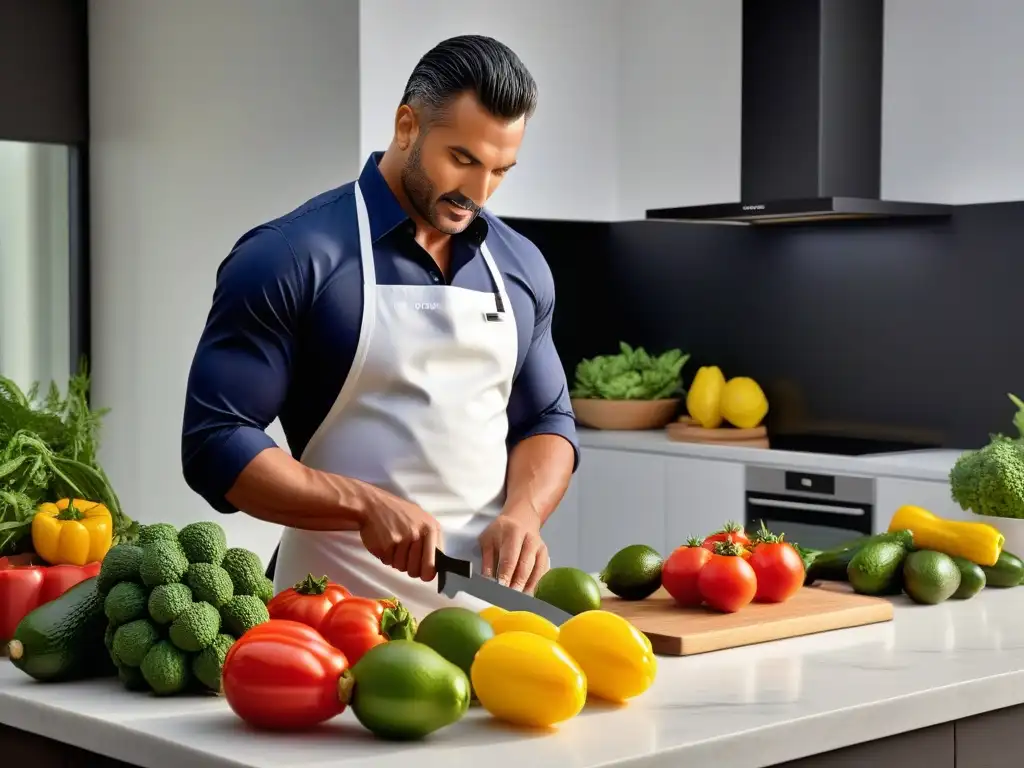 Escena moderna de cocina con vegetales frescos y coloridos, manos cortando aguacate