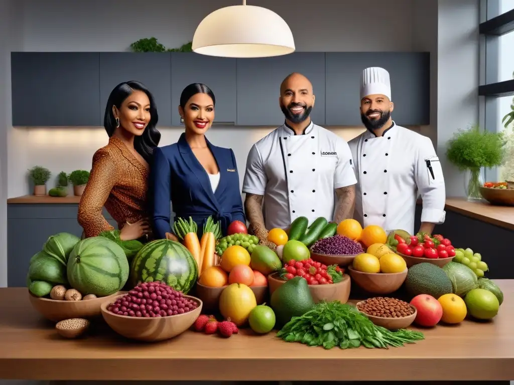 Una escena moderna y detallada de diversidad en nutrición vegana: chef, nutricionista y personas de distintas edades y etnias alrededor de una mesa llena de alimentos frescos y coloridos en una cocina elegante y acogedora