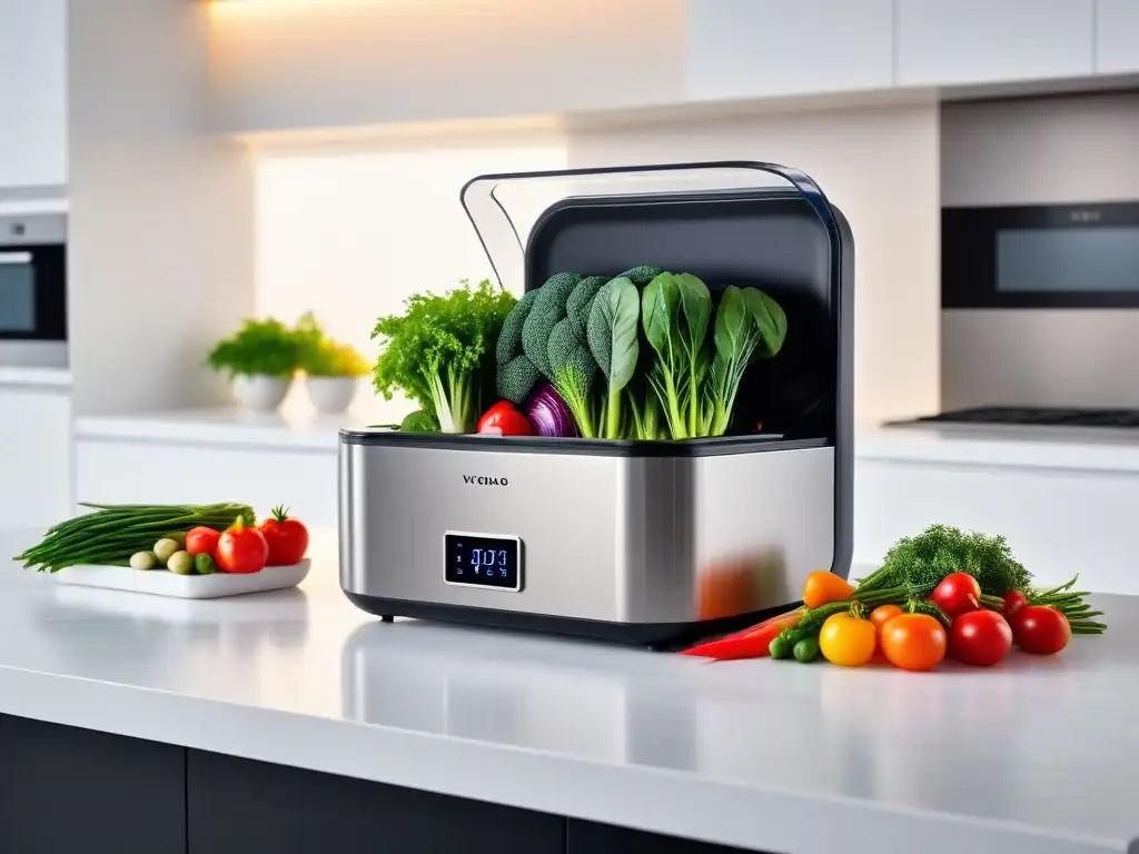 Una escena moderna y detallada: una máquina sous vide rodeada de vibrantes vegetales frescos en un elegante mostrador blanco