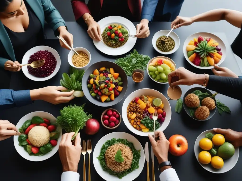 Una escena moderna y vibrante de diversidad y unidad alrededor de una comida vegana