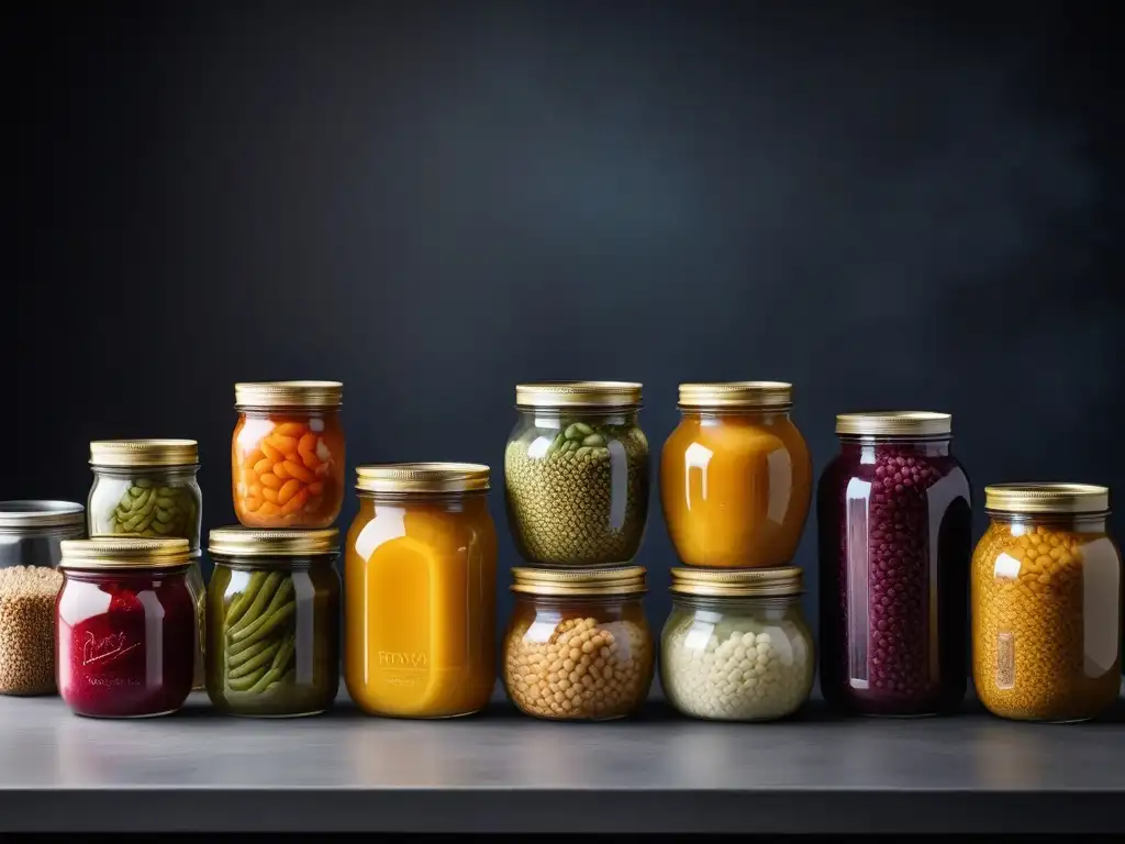 Una escena moderna y vibrante de tarros coloridos con alimentos veganos fermentados, transmitiendo frescura y creatividad