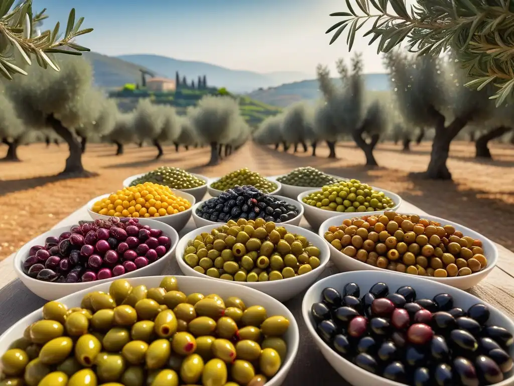 Escena de olivos vibrantes bajo el sol mediterráneo, reflejando la riqueza de los mejores aceites oliva cocina vegana