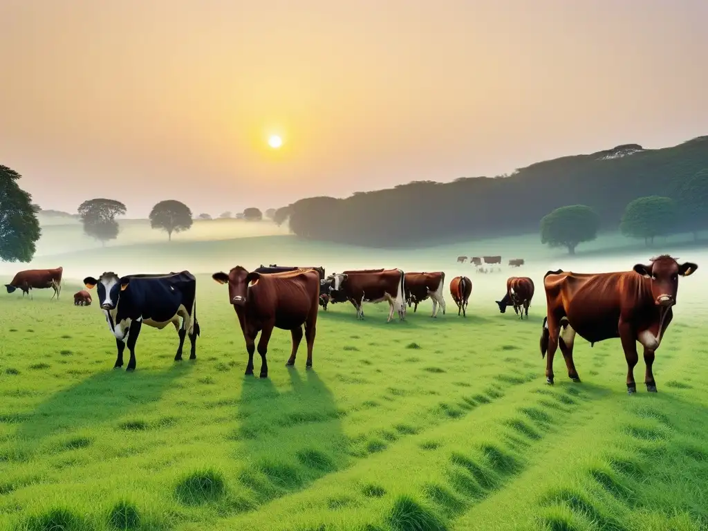 Escena serena en granja al amanecer con vacas pastando, resaltando la belleza natural