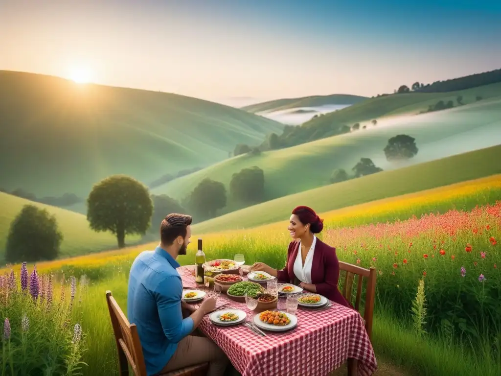 Escena serena de turismo rural vegano con paisaje pintoresco, huéspedes disfrutando de experiencias culinarias al aire libre al atardecer