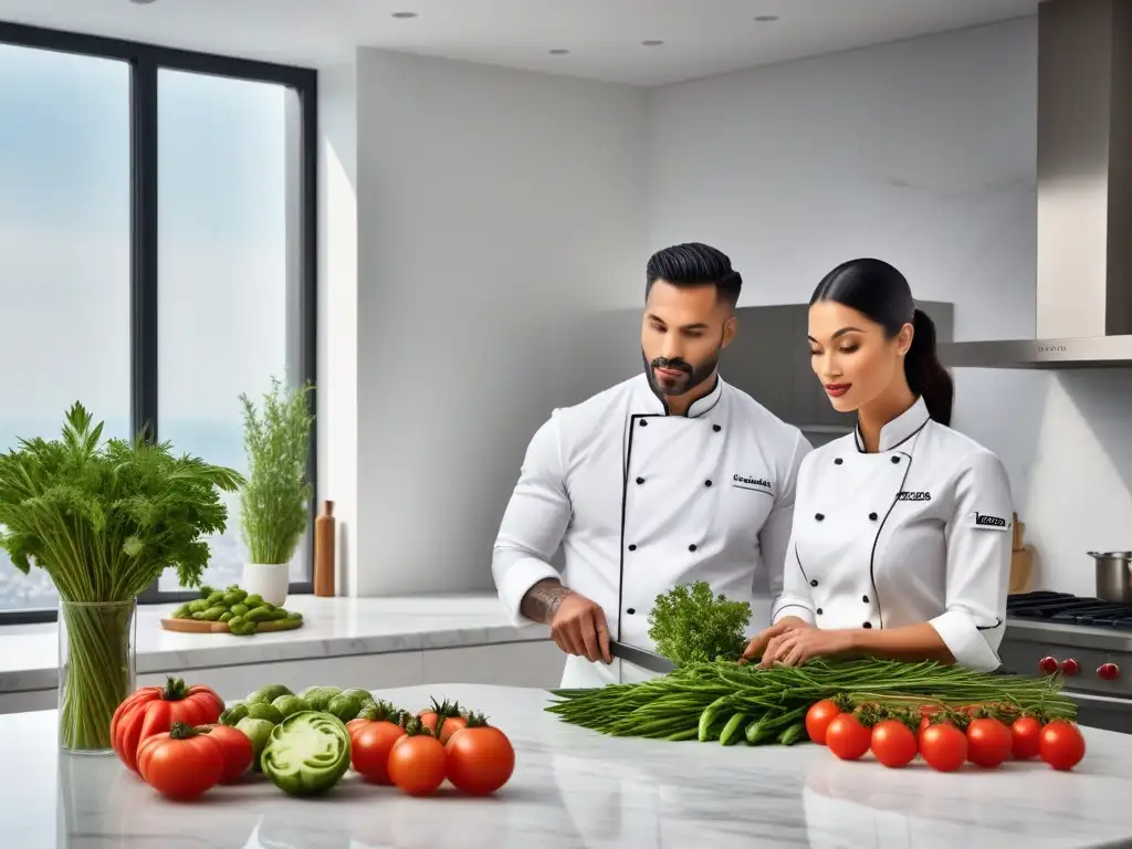 Escena sofisticada de cocina vegana gourmet online: chef corta tomate jugoso en cocina moderna con verduras frescas sobre encimera de mármol