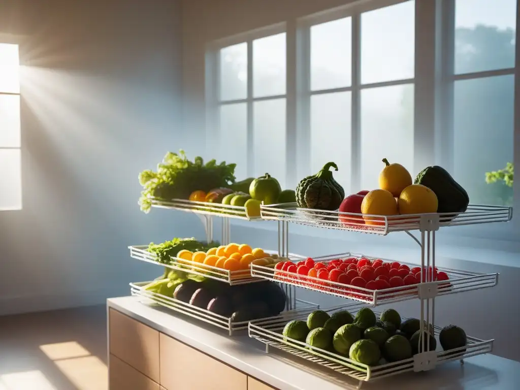 Escena solar en cocina vegana: secado de frutas y verduras con colores vibrantes y sabores frescos