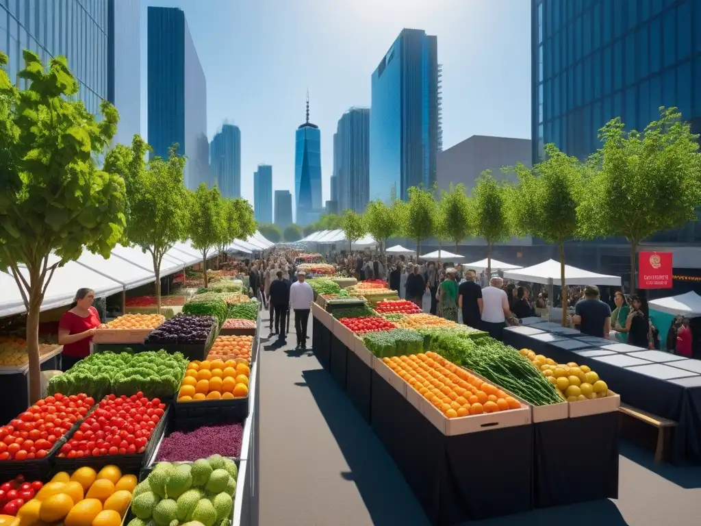 Escena urbana animada en un mercado vegano al aire libre, con diversidad de personas y edificios sostenibles