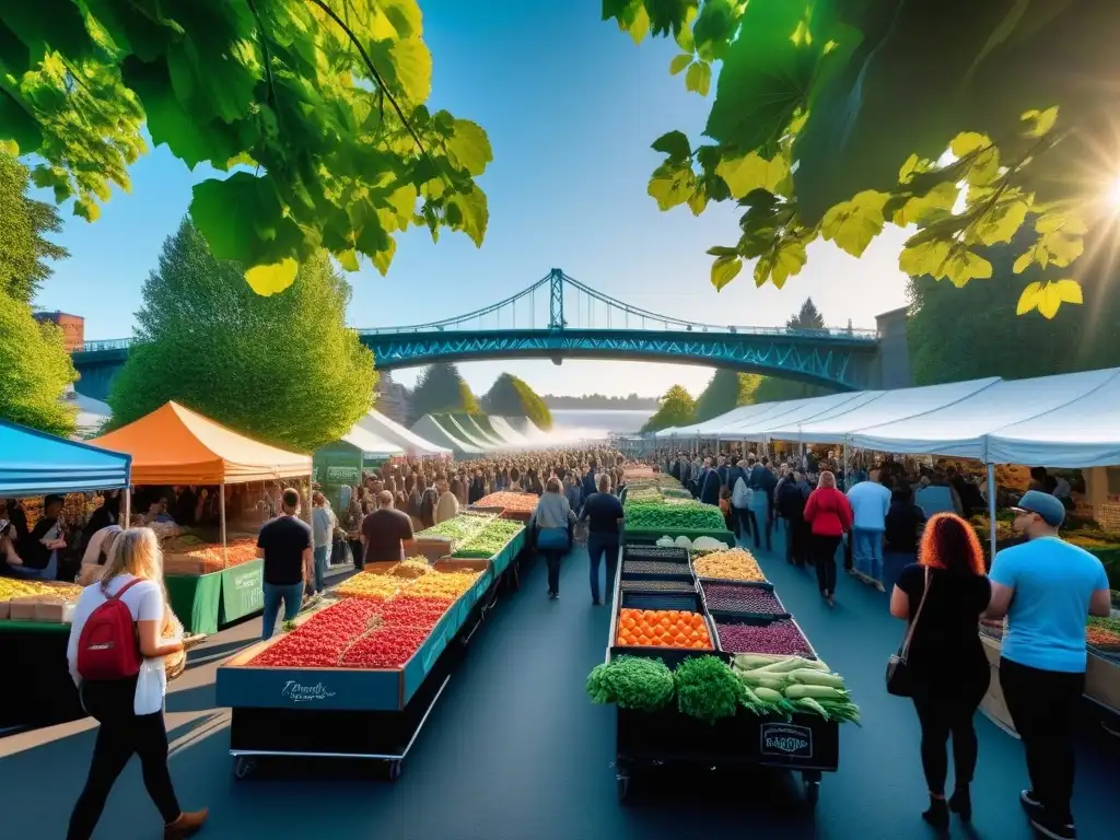 Escena urbana en Portland con mercado y gastronomía vegana, gente feliz y puentes sobre río