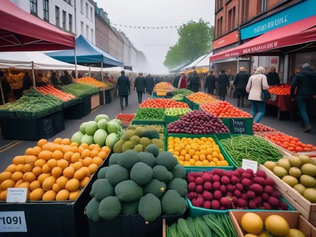 'Escena urbana: mercado vegano rebosante de vida y color, reflejo de la tendencia mundial