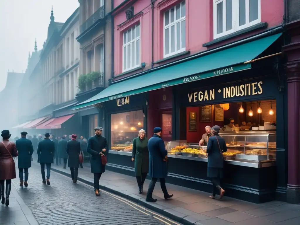 Escena urbana con restaurantes tradicionales y veganos lado a lado, reflejando la repercusión del veganismo en industrias