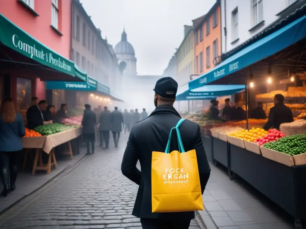 Escena urbana sostenible: personas con productos veganos en bolsas reutilizables