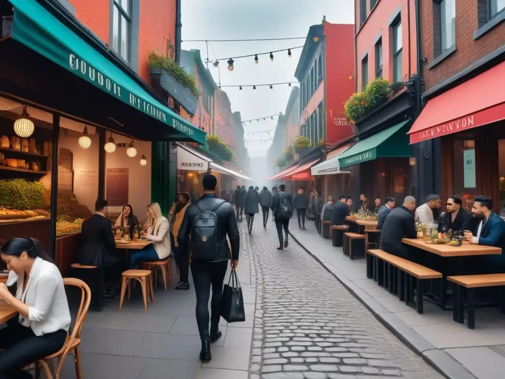 Escena urbana vibrante con tendencias veganas en redes sociales: personas disfrutando en cafés y restaurantes veganos, compartiendo fotos