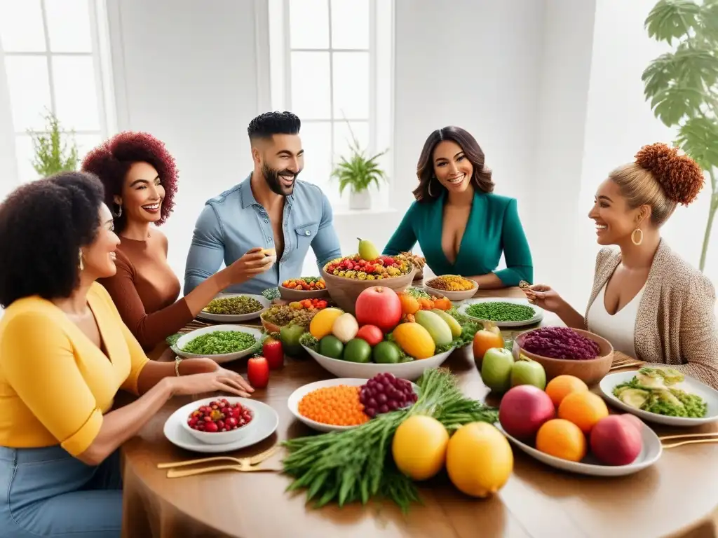 Una escena vibrante y alegre, con diversidad de personas disfrutando de una comida vegana, mostrando la conexión y bienestar