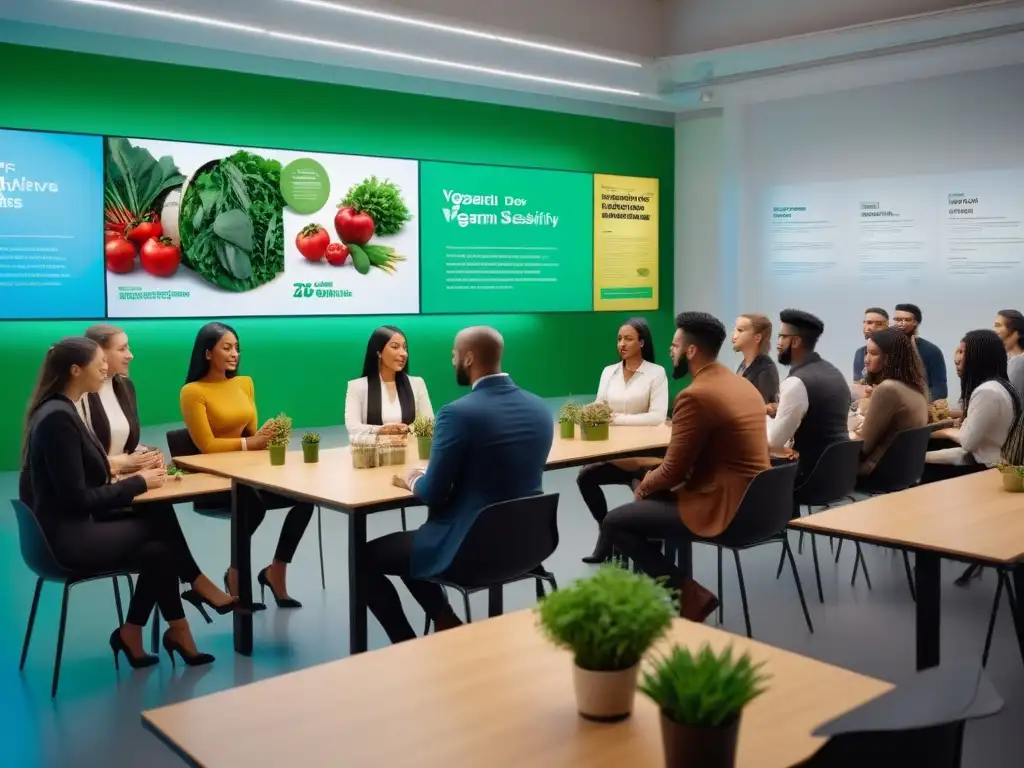 Clase vibrante sobre veganismo: diversidad y sostenibilidad Escena vibrante de aula con educación vegana en instituciones educativas, estudiantes diversos discutiendo sobre veganismo y sostenibilidad