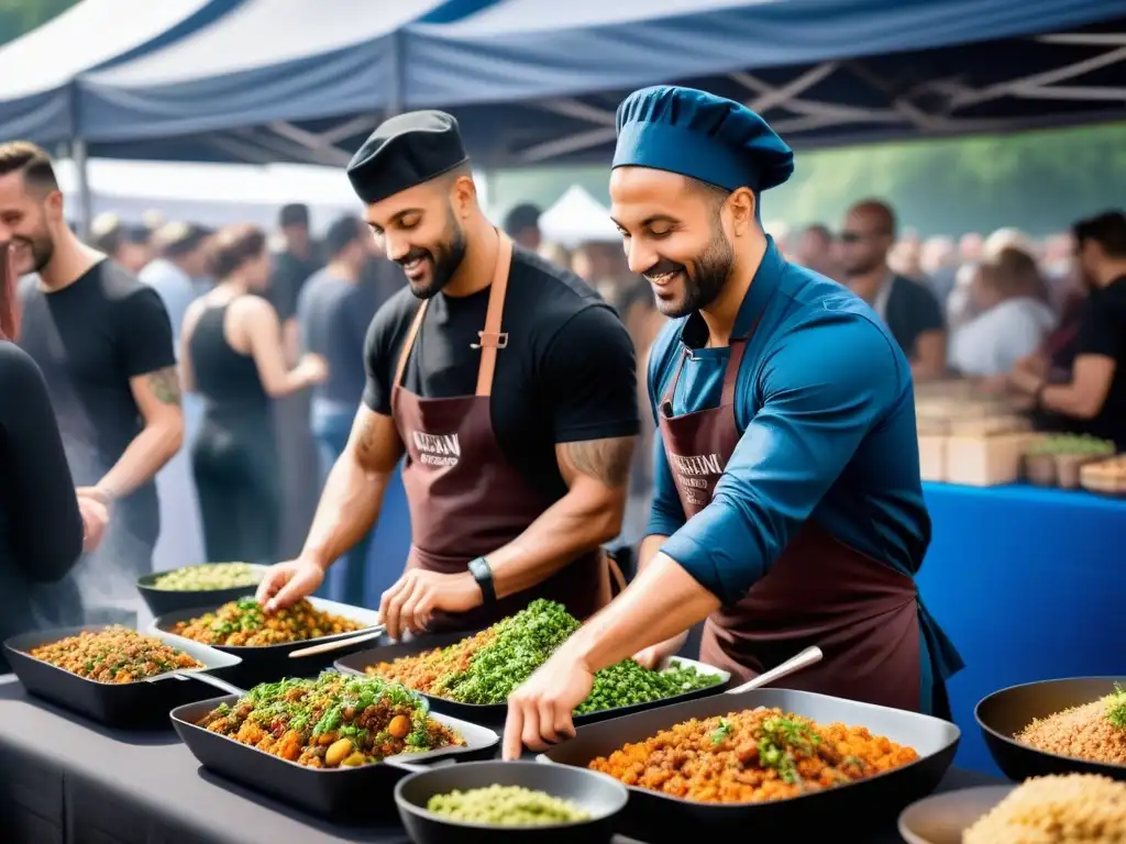 Escena vibrante y bulliciosa de un festival de comida vegana, con variados puestos de comida colorida de todo el mundo