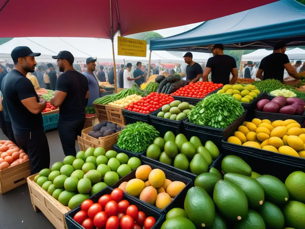 Una escena vibrante de un bullicioso mercado de agricultores con frutas y verduras coloridas de todo el mundo