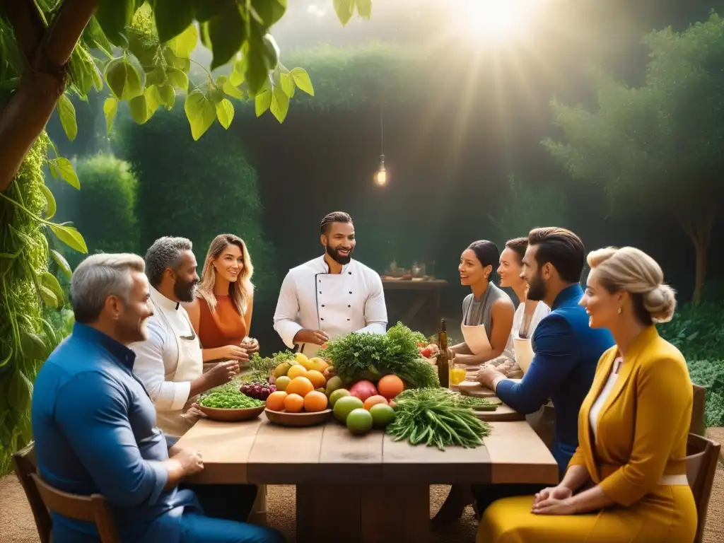 Una escena vibrante: chefs, granjeros y filósofos comparten en una mesa llena de alimentos frescos en un jardín exuberante