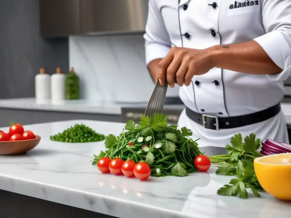 Una escena vibrante en la cocina: un chef profesional adorna un plato vegano latino con cilantro en un elegante mostrador de mármol blanco