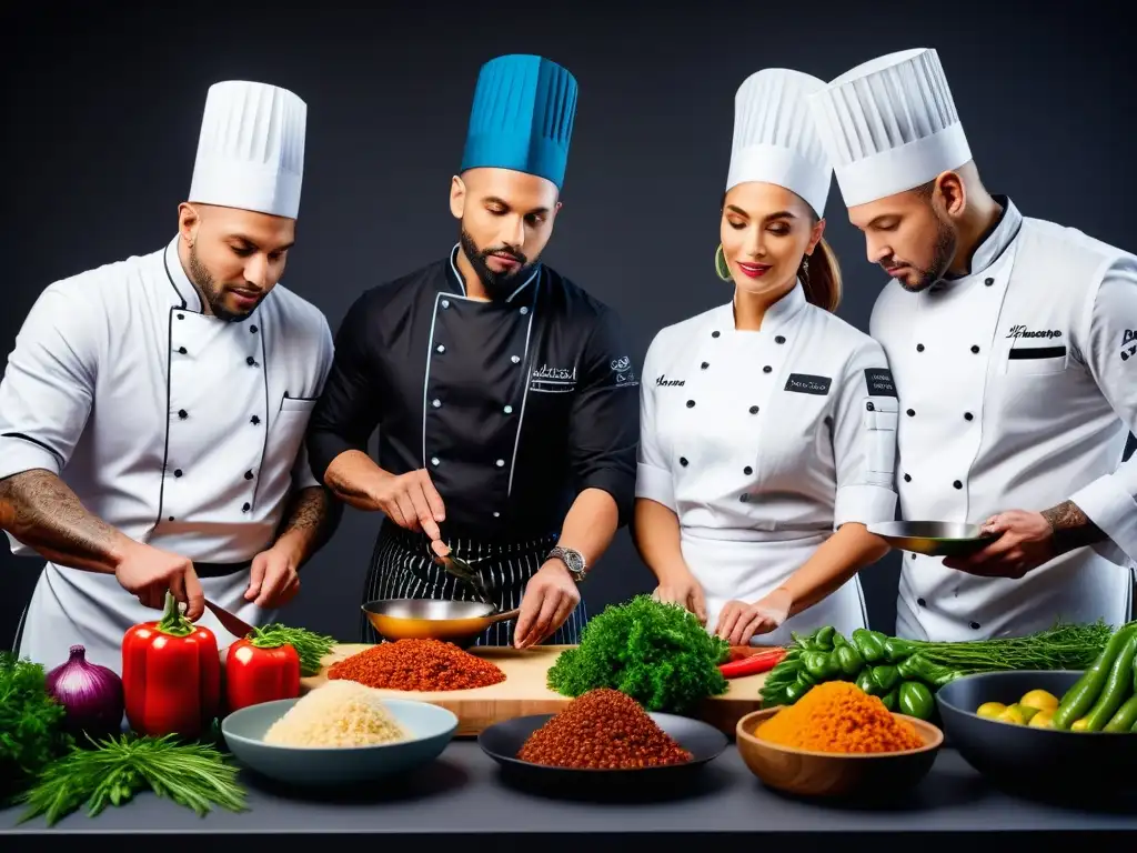 Una escena vibrante de cocina con chefs creando platos veganos, reinventando clásicos mundiales