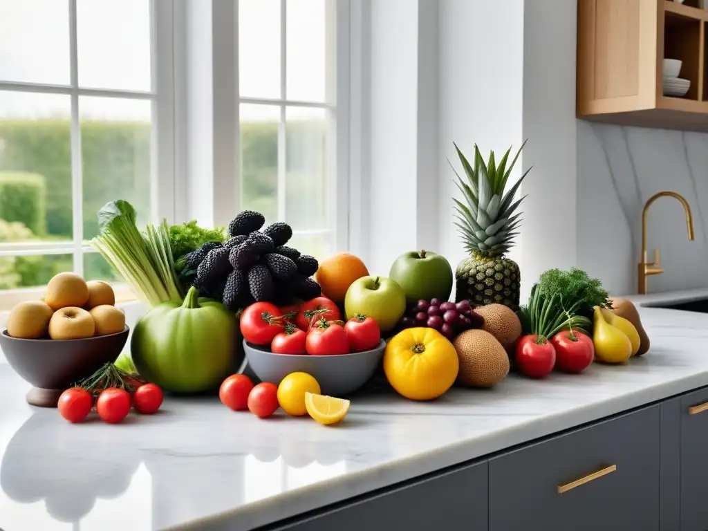 Escena vibrante de cocina con frutas y verduras frescas sobre mármol