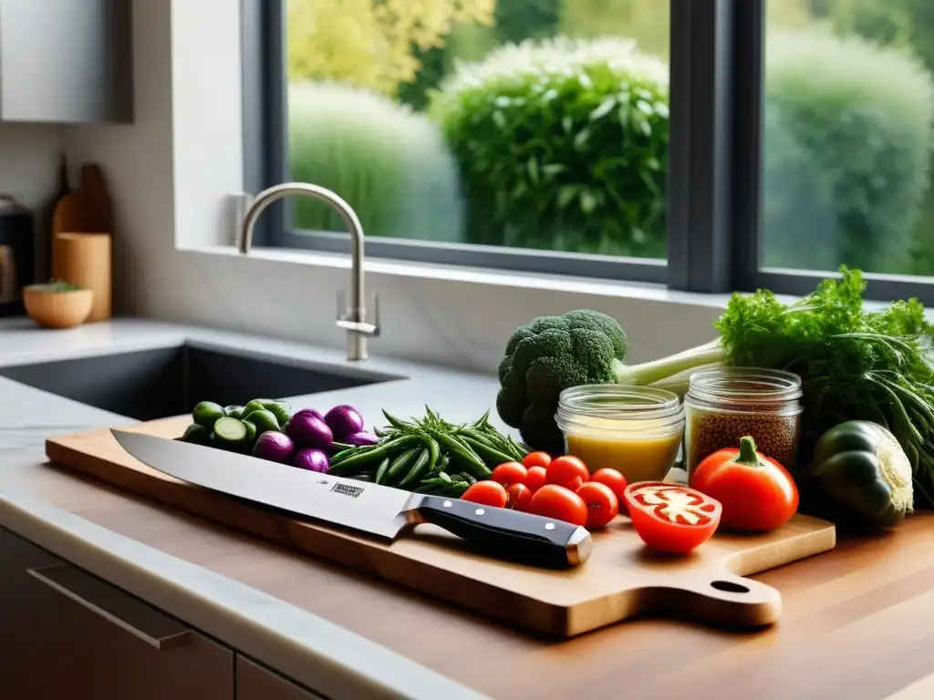 Escena vibrante en cocina moderna: verduras frescas, especias y utensilios de chef