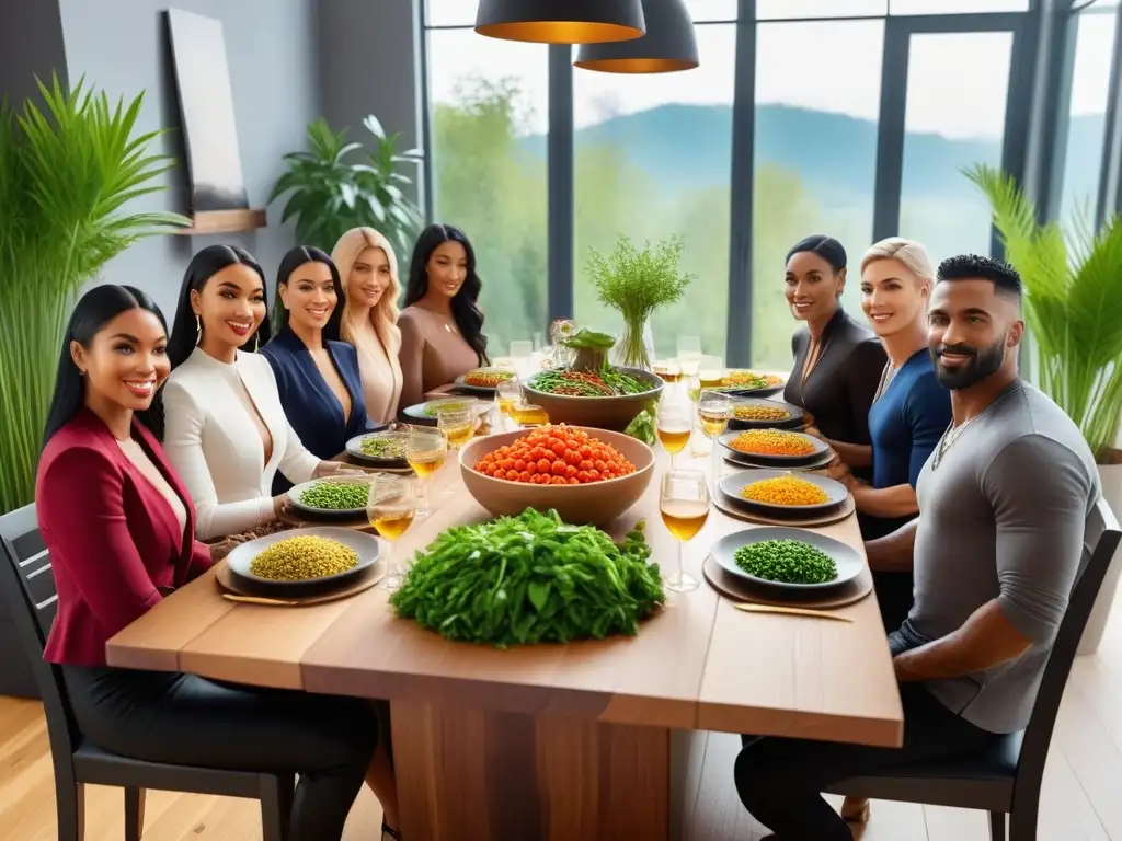 Una escena vibrante en una cocina moderna, con personas diversas disfrutando de deliciosas recetas veganas