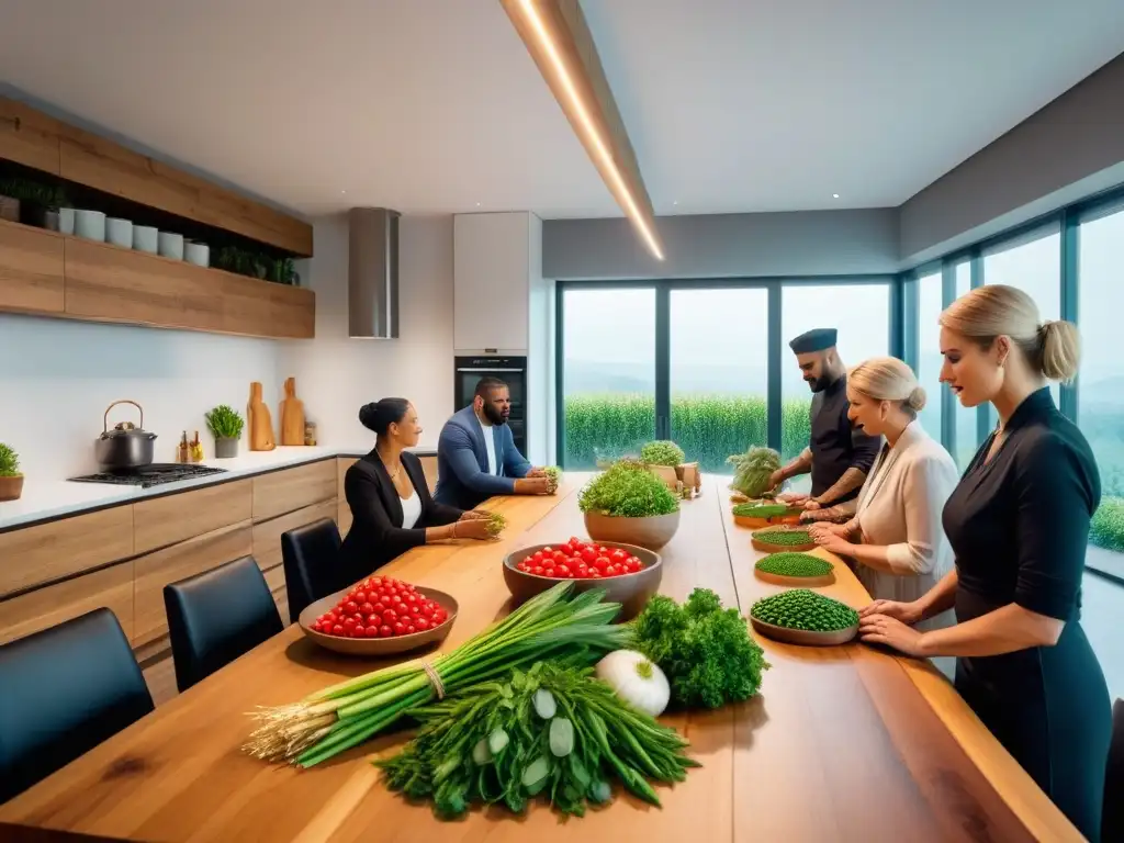 Una escena vibrante en una cocina moderna, con chefs y nutricionistas rodeando una mesa de madera llena de ingredientes sostenibles para cocina vegana