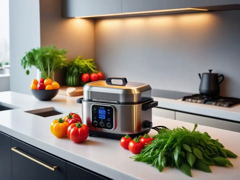 Escena vibrante de cocina moderna con cocción baja temperatura cocina vegana: máquina sous vide rodeada de vegetales frescos y coloridos