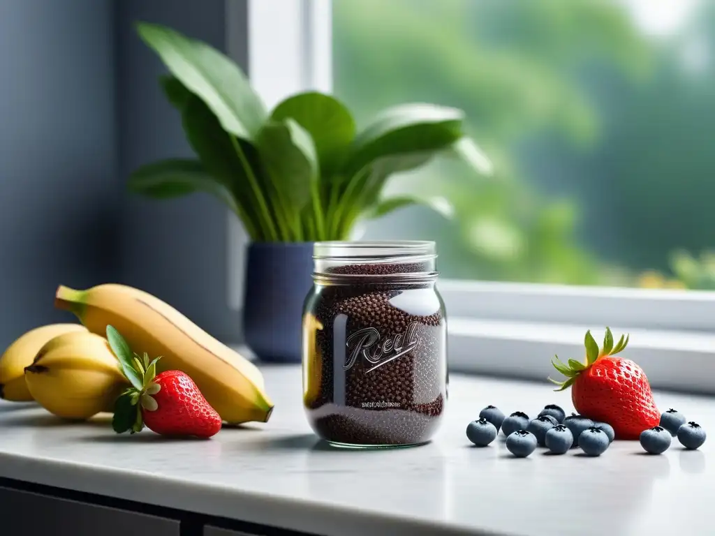 Escena vibrante en cocina moderna con semillas chía, frutas frescas y luz natural