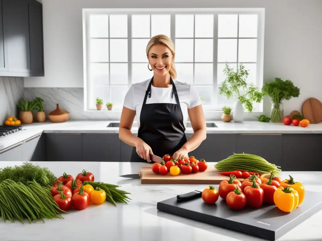 Escena vibrante en una cocina moderna con vegetales coloridos y cuchillos de chef