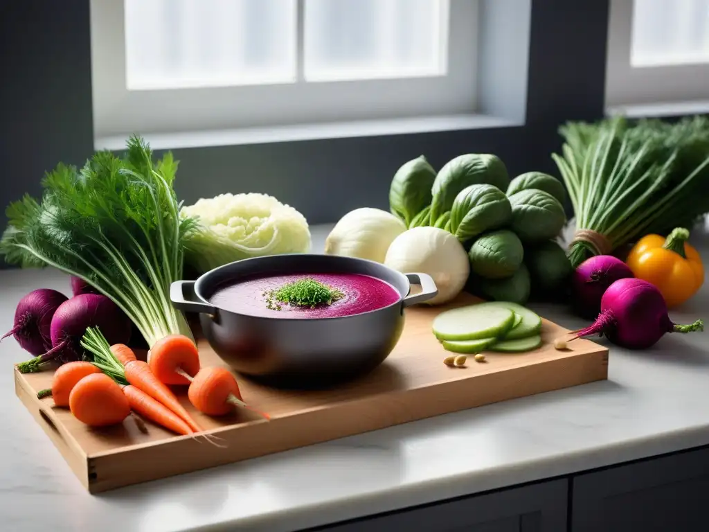 Escena vibrante de cocina moderna con verduras frescas y borsch vegano