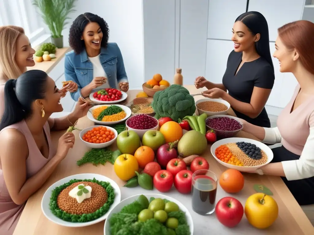 Una escena vibrante en una cocina moderna con grupo diverso disfrutando de una comida vegana