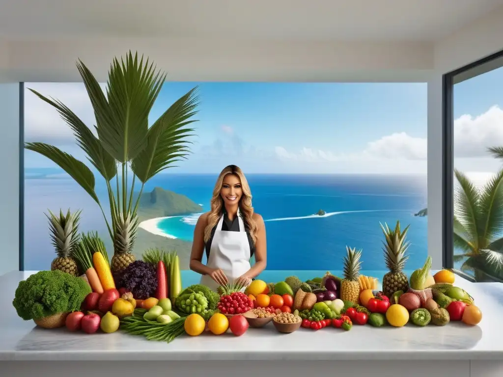 Escena vibrante de cocina en Oceanía con influencia vegana, mostrando frutas y verduras frescas en mármol