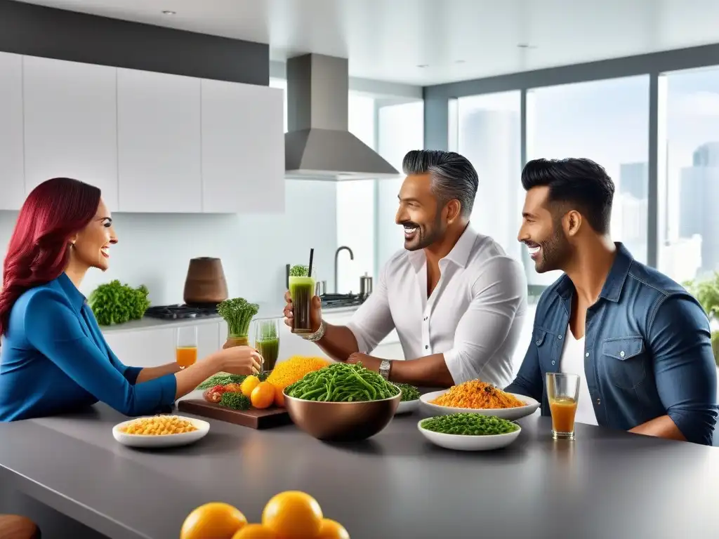 Una escena vibrante en la cocina con personas disfrutando de comidas y bebidas con beneficios rejuvelac flora intestinal