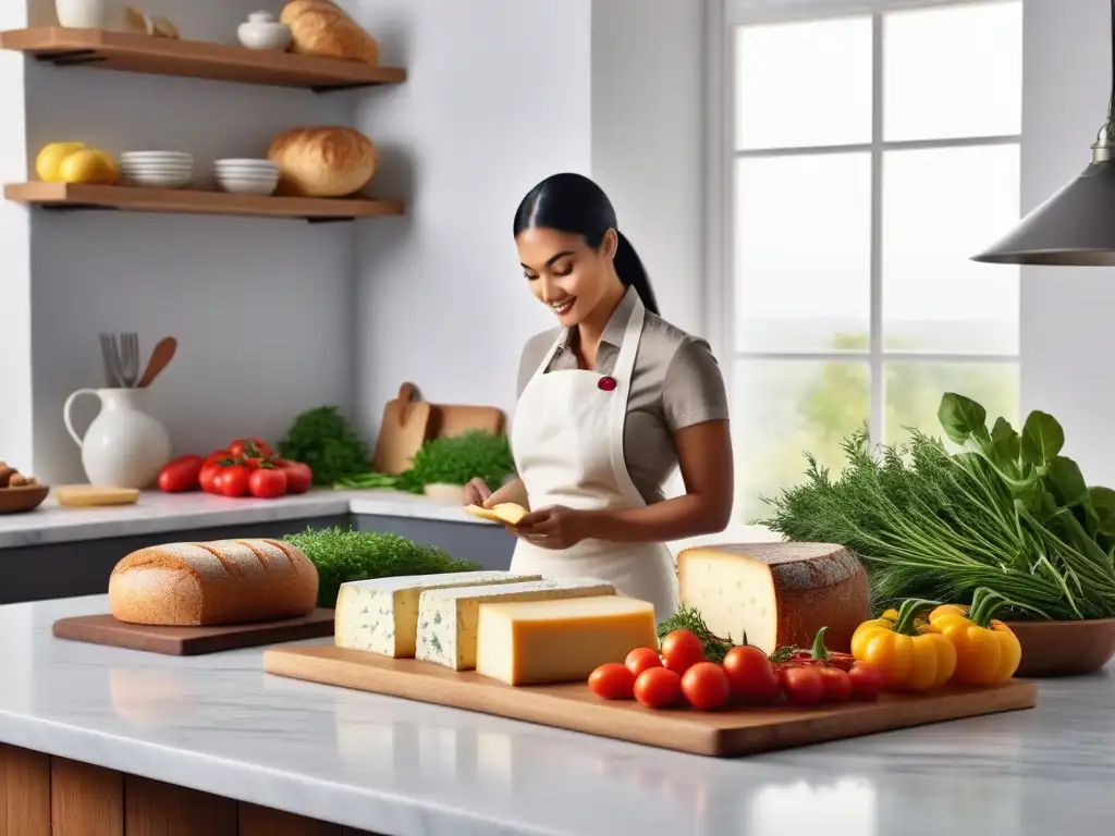 Escena vibrante de cocina con quesos veganos en recetas tradicionales, colores y texturas frescas bajo luz natural