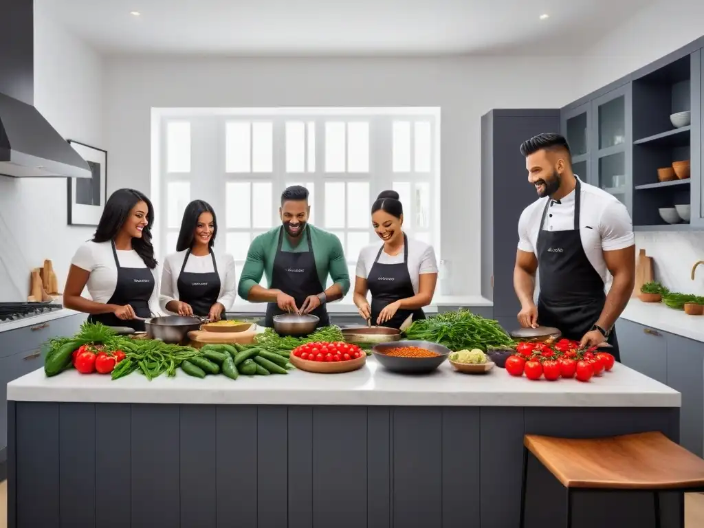 Una escena vibrante de cocina vegana india, con personas cocinando juntas rodeadas de especias y verduras frescas