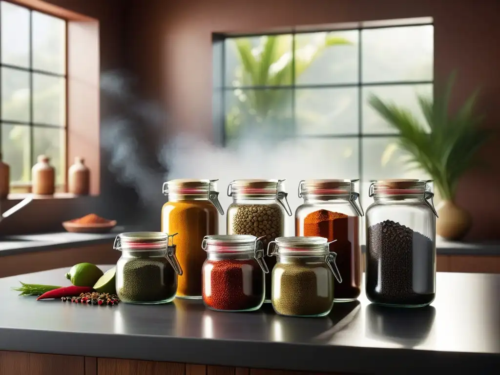 Una escena vibrante de cocina vegana con especias caribeñas en tarros de cristal, iluminada por el sol