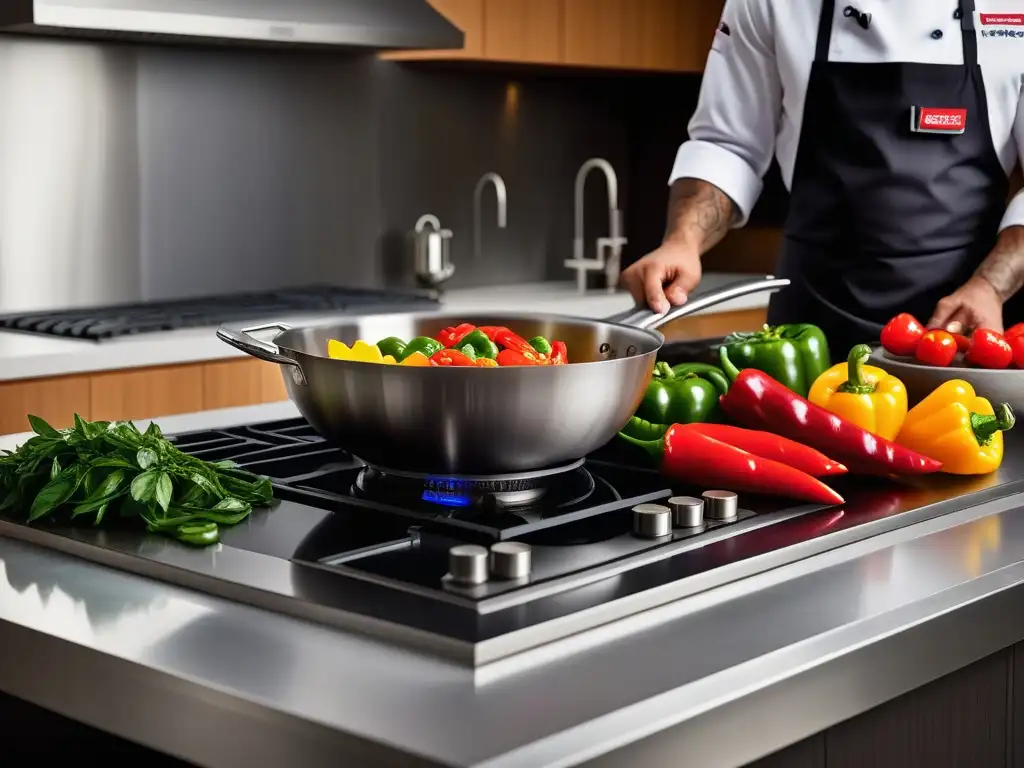 Una escena vibrante de cocina vegana fusion culinaria mundial: un chef corta pimientos coloridos en una elegante encimera de acero inoxidable