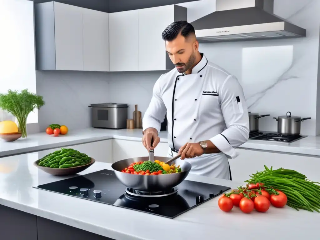 Escena vibrante de cocina vegana rápida con diseño moderno y elegante